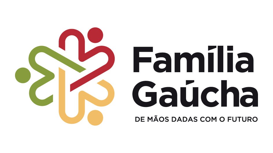Logo oficial do programa Família Gaúcha, do Rio Grande do Sul, com quatro figuras estilizadas e coloridas de mãos dadas, simbolizando união e o futuro prometido no slogan.