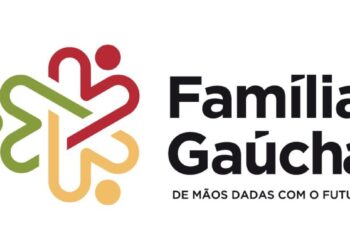 Logo do programa 'Família Gaúcha', com o slogan 'De mãos dadas com o futuro', representando o auxílio para famílias vulneráveis no Rio Grande do Sul.
