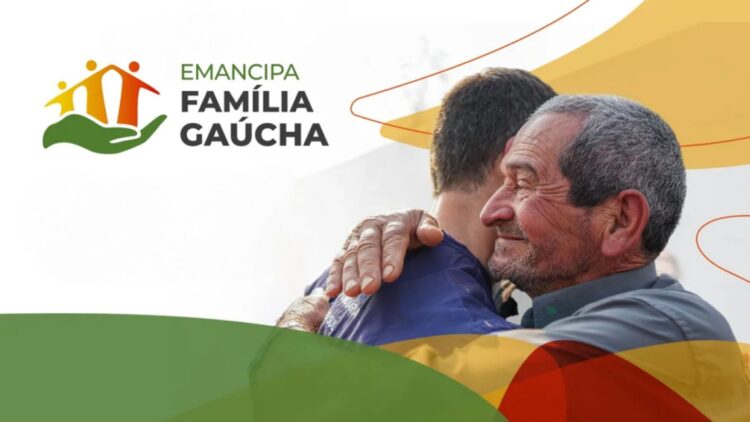 Família gaúcha se abraçando com alívio, logo Emancipa Família Gaúcha. Imagem do novo programa.