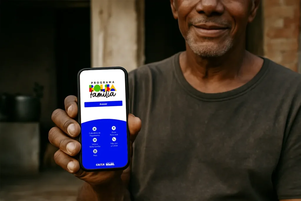 Homem sorridente segurando um smartphone que exibe a tela de login do aplicativo do Programa Bolsa Família, com opções de acesso e consulta ao calendário de pagamentos.