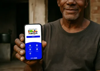 Bolsa Família: 3 formas de consultar se você foi aprovado no programa 6 Homem segurando celular com app do Programa Bolsa Família aberto na tela
