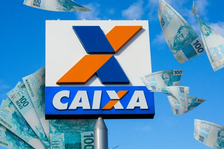 Logo da Caixa Econômica Federal sob um céu azul, com notas de 100 reais flutuando, simbolizando o saque de R$ 6.220.