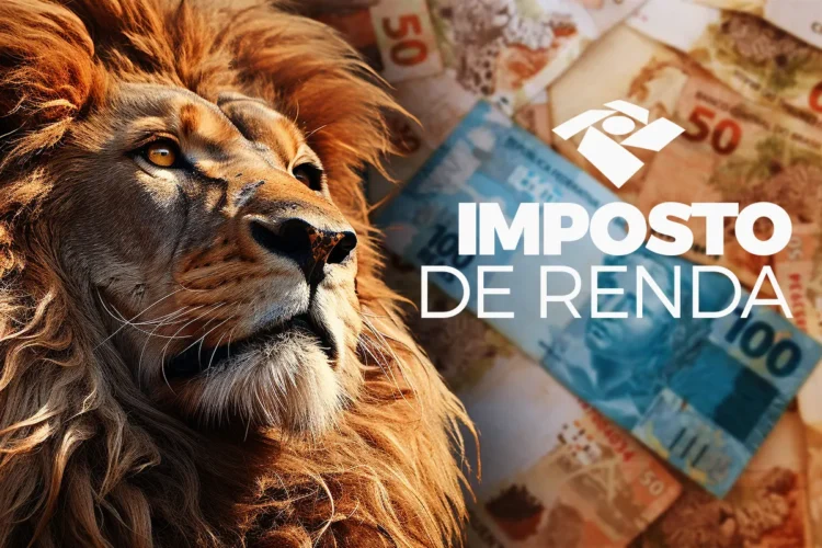 Imagem do leão da Receita Federal com o texto "IMPOSTO DE RENDA" sobreposto a notas de R$ 50 e R$ 100, representando a isenção de IR.