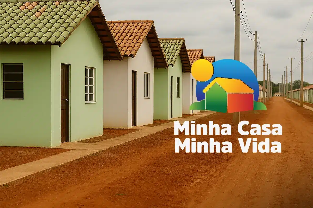 Sua Chance na Moradia: Elegibilidade para o Minha Casa Minha Vida Fileira de casas simples e coloridas do programa Minha Casa Minha Vida, com telhados de cerâmica, simbolizando a oportunidade de acesso à moradia popular.
