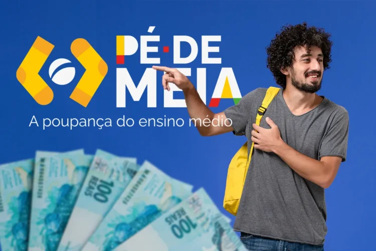 Jovem estudante feliz com mochila e notas de 100 reais, sob o logo do programa "Pé-de-Meia", simbolizando o incentivo-conclusão.