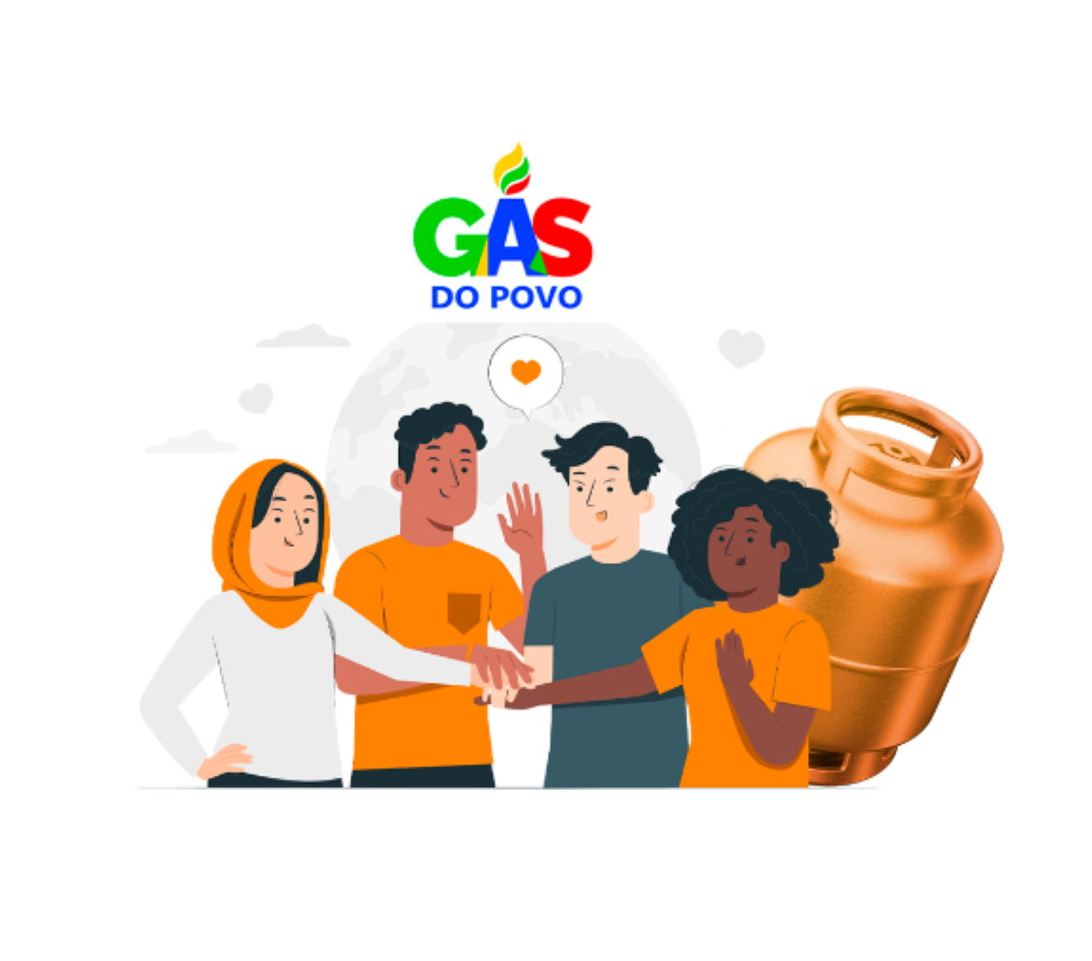 Ilustração de quatro pessoas unidas em frente ao logo “Gás do Povo”, com um botijão ao lado.