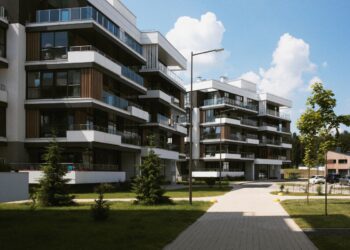 Edifício residencial moderno com varandas de vidro, área verde e caminho de passeio ao ar livre