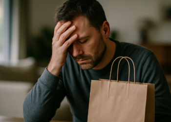 Homem aparentando preocupação com a mão na cabeça próximo a uma sacola de papel