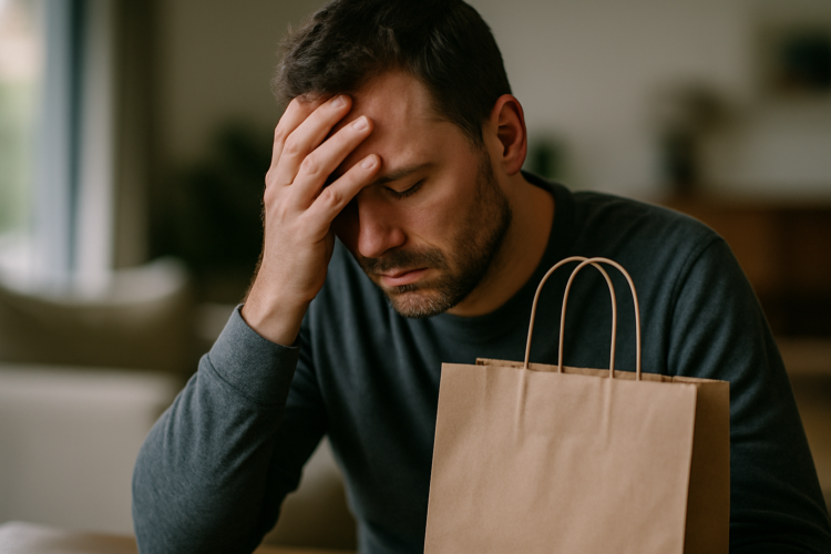 Homem aparentando preocupação com a mão na cabeça próximo a uma sacola de papel