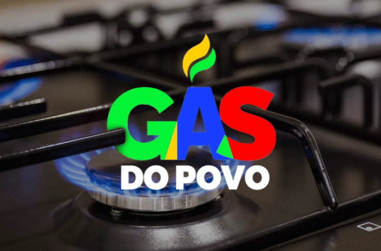 Logotipo do programa Gás do Povo sobre imagem de fogão aceso.