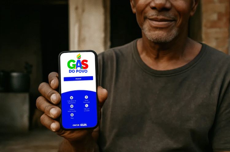 Pessoa segurando um celular exibindo o aplicativo Gás do Povo na tela.