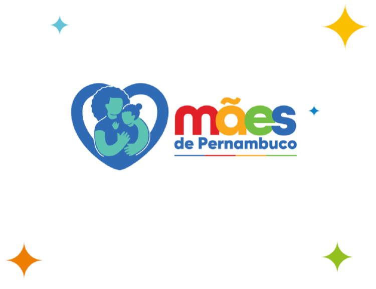 Logotipo colorido do programa Mães de Pernambuco com mãe e filho em coração azul.