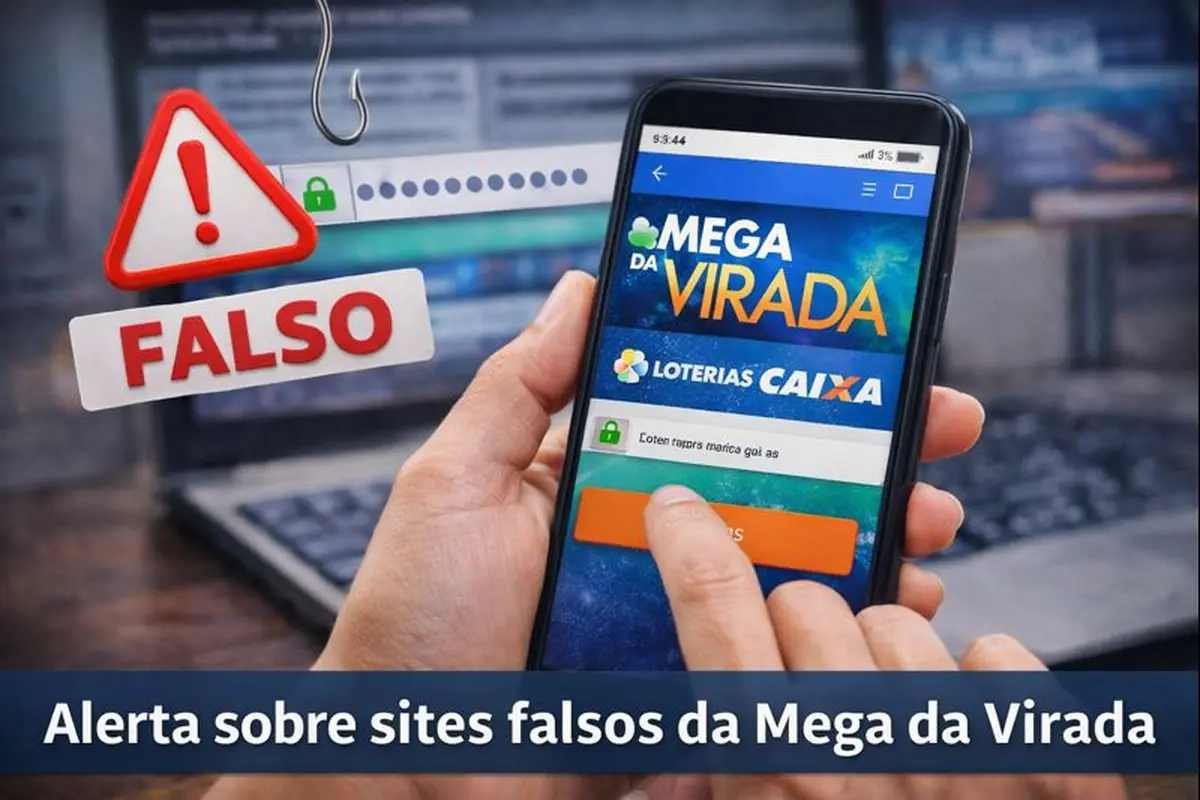 Golpes digitais crescem durante apostas em loterias online. Aviso de site falso em celular simulando aposta da Mega da Virada.
