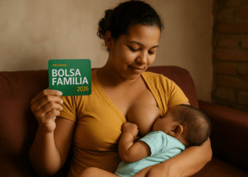 Mulher amamentando bebê enquanto segura cartão do Bolsa Família 2026