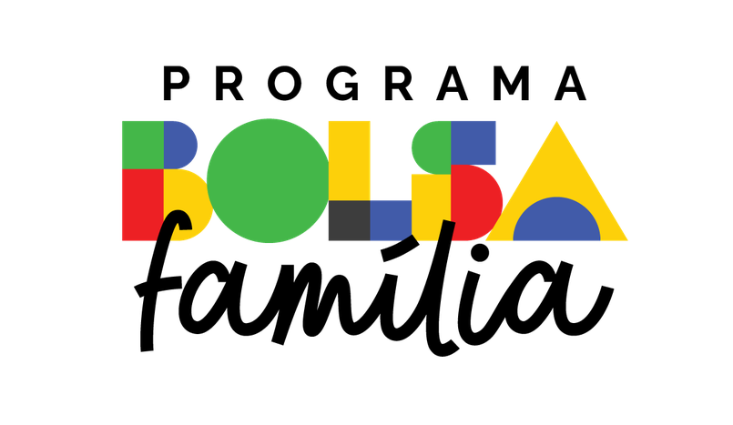 Logotipo colorido do Programa Bolsa Família com letras geométricas em cores vibrantes e o texto "Programa" acima e "família" em cursivo abaixo.