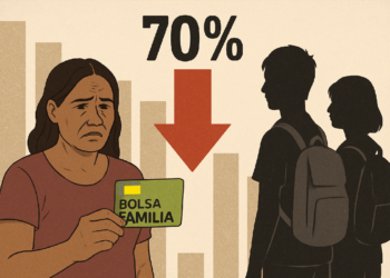 Por que 70% dos adolescentes saíram do Bolsa Família nos últimos 10 anos? 5 Mulher triste segurando cartão do Bolsa Família com gráfico em declínio de 70% ao fundo