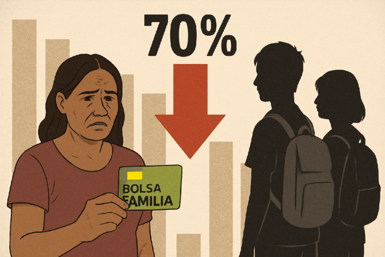 Por que 70% dos adolescentes saíram do Bolsa Família nos últimos 10 anos? 1 Mulher triste segurando cartão do Bolsa Família com gráfico em declínio de 70% ao fundo