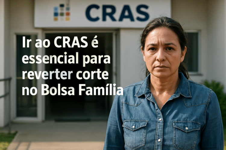 Mulher com expressão preocupada em frente ao prédio do CRAS, com texto sobre reverter corte no Bolsa Família