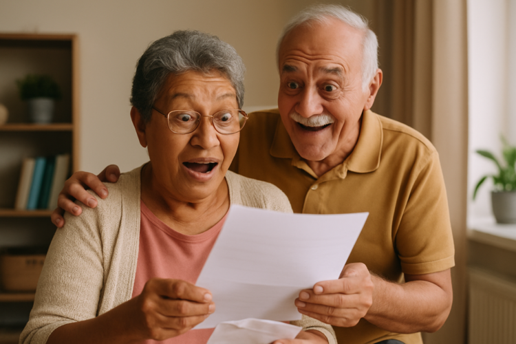 25% de aumento na aposentadoria: muitos têm direito e não sabem; veja como solicitar 1 Casal de idosos lendo um documento com expressão de surpresa e alegria.