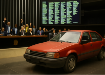 Carro vermelho antigo estacionado em frente a parlamentares votando em plenário