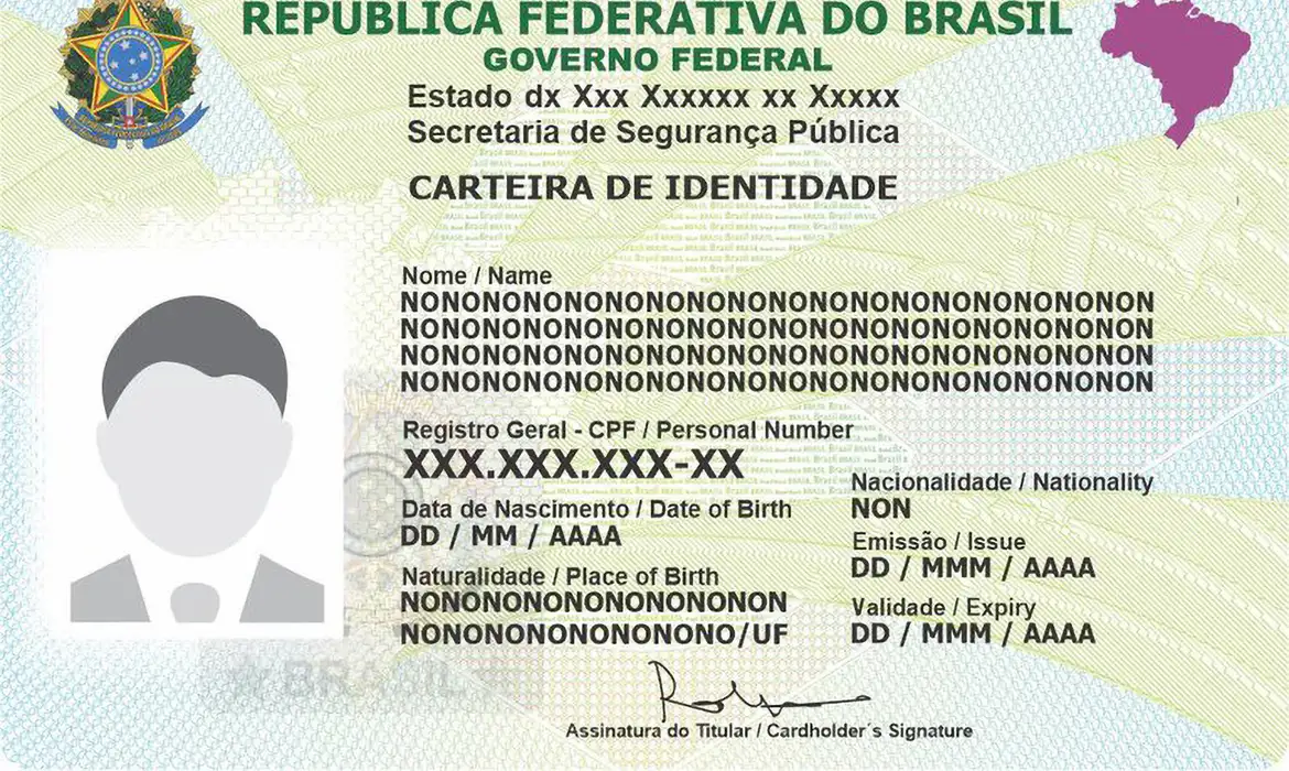 Modelo de Carteira de Identidade do Brasil Exemplo de carteira de identidade brasileira com dados pessoais fictícios e brasão nacional