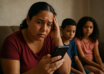 SMS alerta famílias do Bolsa Família sobre filhos fora do radar escolar 5 Mulher preocupada olhando para o celular com duas crianças ao fundo