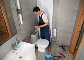 Vista superior de um instalador hidráulico com uniforme azul e camiseta bege, manuseando o mecanismo interno de uma caixa acoplada de vaso sanitário em um banheiro moderno com revestimento cinza.