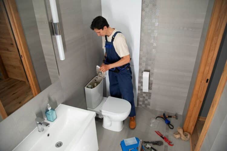 Vista superior de um instalador hidráulico com uniforme azul e camiseta bege, manuseando o mecanismo interno de uma caixa acoplada de vaso sanitário em um banheiro moderno com revestimento cinza.