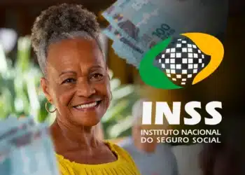 Não perca a data! Calendário do INSS para janeiro de 2026 é divulgado 9 Aposentada sorrindo segurando notas de real ao lado do logotipo do INSS, representando o calendário de pagamentos do INSS 2026.
