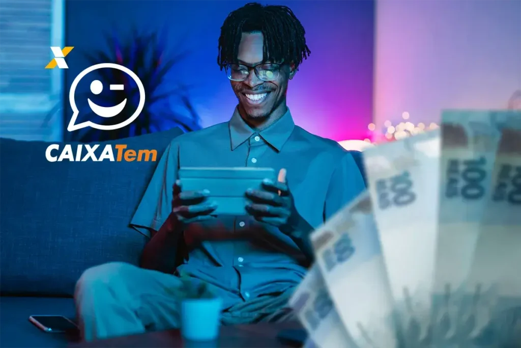 Benefícios Caixa - Formas de pagamento. Imagem ilustrativa sobre os benefícios Caixa, mostrando uma pessoa feliz usando um tablet e notas de dinheiro.