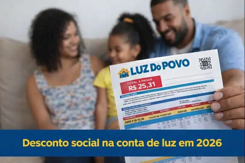 desconto social conta luz Família de baixa renda brasileira sorrindo ao receber a conta de luz com o desconto social, com foco no valor a pagar de R$ 25,31.
