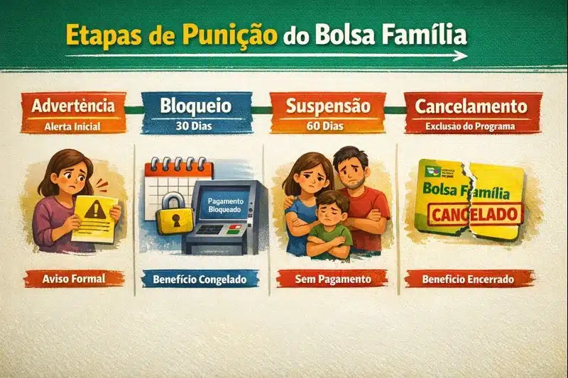 Etapas de Punição do Bolsa Família. Infográfico explicando as etapas de punição do Bolsa Família, desde advertência até o cancelamento do benefício.