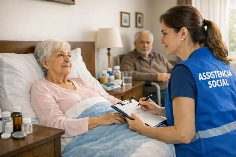 Atendimento a Idoso com Doença Grave - Assistência Social. Assistente social realizando atendimento a idoso em casa, com foco em pessoa com doença grave.