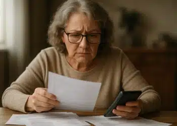 INSS pode bloquear benefício de quem não regularizar ressarcimento até março 5 Senhora de óculos, olhando preocupada para documentos e usando um celular.