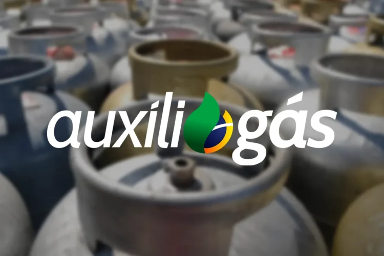 Botijões de gás de cozinha e o logo do programa Auxílio Gás, ilustrando o acesso ao benefício para famílias de baixa renda.