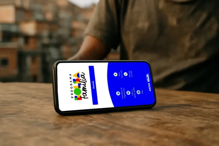 Smartphone com a tela do aplicativo Programa Bolsa Família, exibindo opções de acesso.