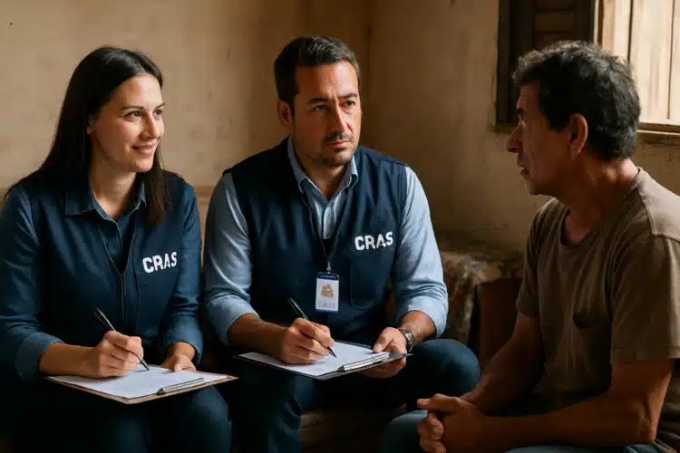 Cadastro Único: veja quem está dispensado da visita domiciliar em 2026 1 Dois assistentes do CRAS entrevistam morador em residência simples com pranchetas na mão