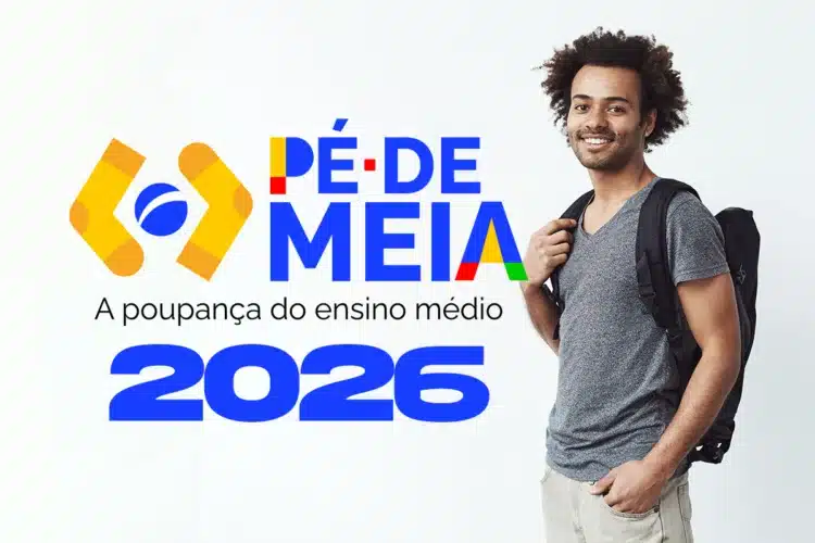 Jovem sorridente com mochila ao lado de logotipo colorido do programa Pé-de-Meia 2026