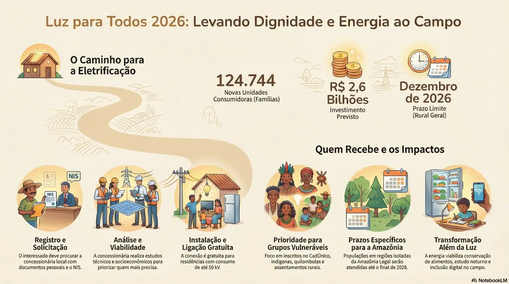 Infográfico explicativo Luz para Todos 2026 no campo rural. Ilustrações detalhando etapas do Luz para Todos 2026, com trabalhadores, famílias rurais e dados de investimento.