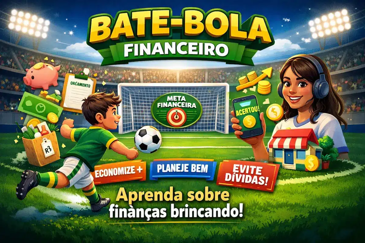 Criança e educadora demonstrando Como funciona o Bate-Bola Financeiro em campo. Menino chutando bola enquanto mulher orienta usando celular e símbolos financeiros ao redor.