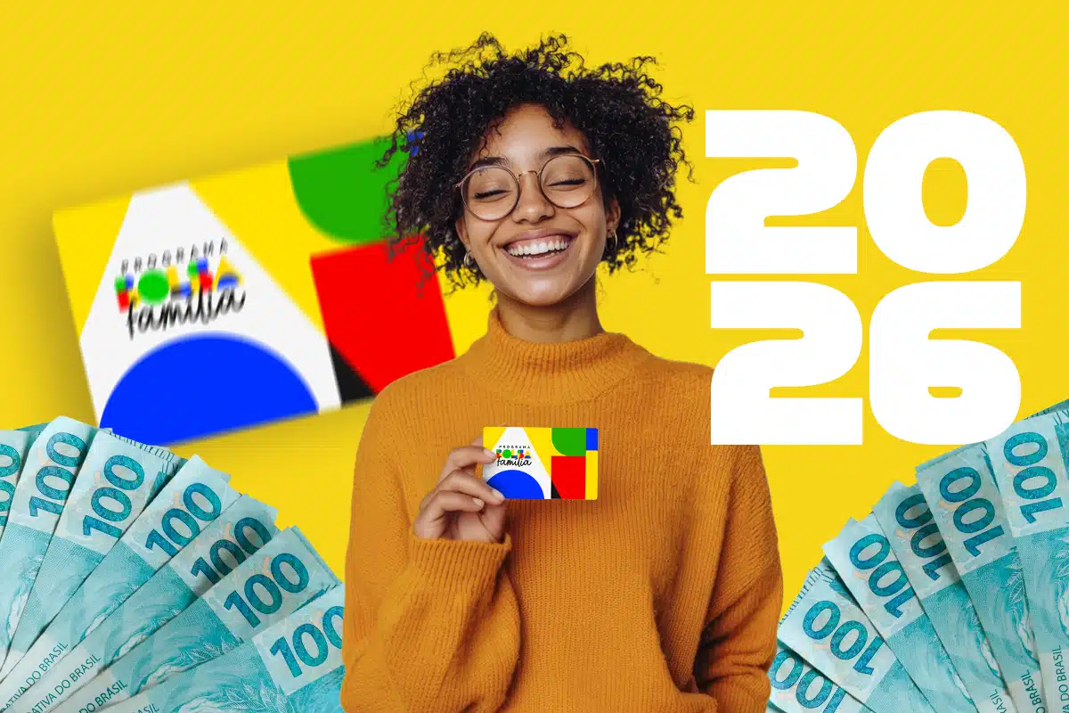 Calendário de pagamento do Bolsa Família em março de 2026 Beneficiária do Bolsa Família com cartão do programa e cédulas de real, ilustrando as datas de pagamento de março de 2026.