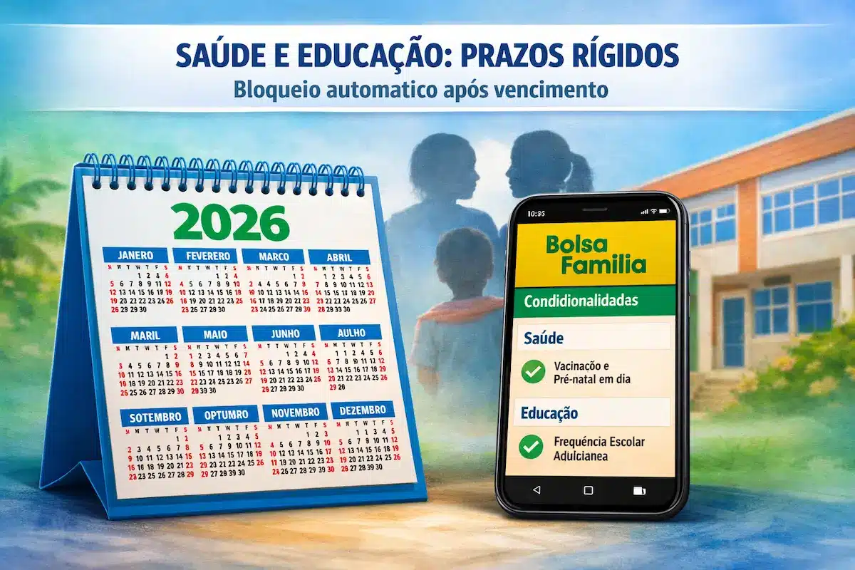 Calendário 2026 e regras do Bolsa Família no contexto de prazos. Calendário de 2026 ao lado de celular exibindo requisitos de saúde e educação do Bolsa Família.
