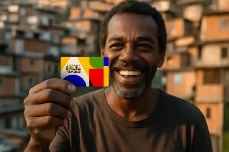 Pagamentos do Bolsa Família retornam nesta quarta-feira (18); veja quem recebe primeiro 1 Homem sorridente segura cartão colorido do Bolsa Família com casas ao fundo.