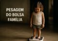 Criança pequena em pé sobre balança representando a pesagem obrigatória do Bolsa Família convocada pelas prefeituras